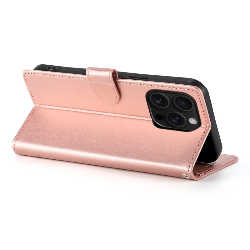 For iPhone 16 Pro Max Wallet Case Butterfly Floral Imprint PU Leather Phone Cover with Wrist Strap - Rose Gold