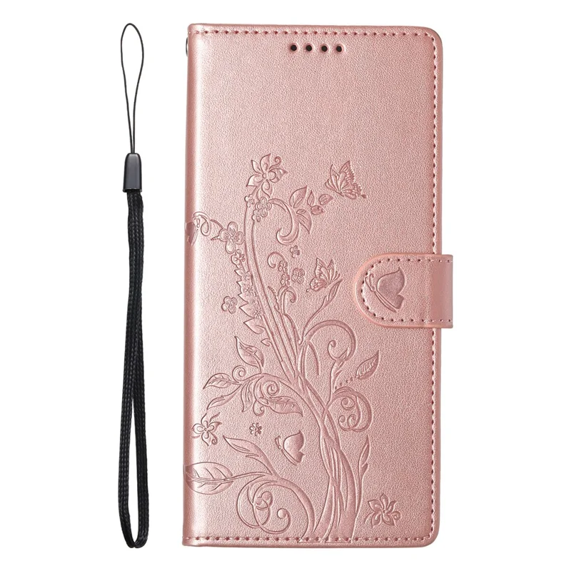 For iPhone 16 Pro Max Wallet Case Butterfly Floral Imprint PU Leather Phone Cover with Wrist Strap - Rose Gold
