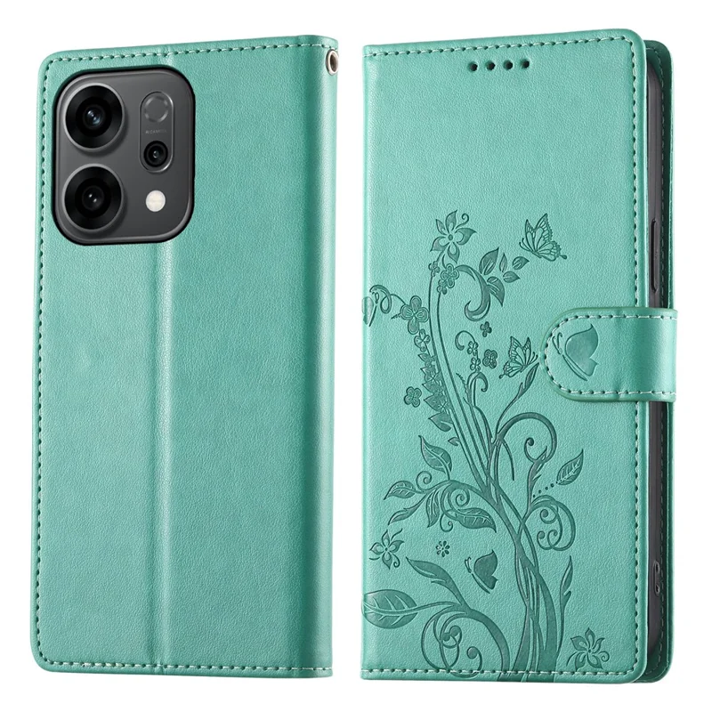 Für Oppo Reno14 5G (Global) Brieftasche Hülle Schmetterling Blumen Prägeung PU Leder Handyhülle mit Handgelenkschlaufe - Grün