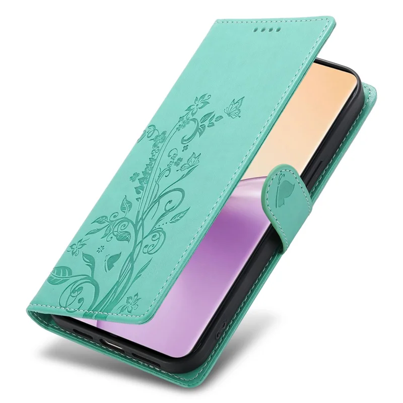 Für Oppo Reno14 5G (Global) Brieftasche Hülle Schmetterling Blumen Prägeung PU Leder Handyhülle mit Handgelenkschlaufe - Grün