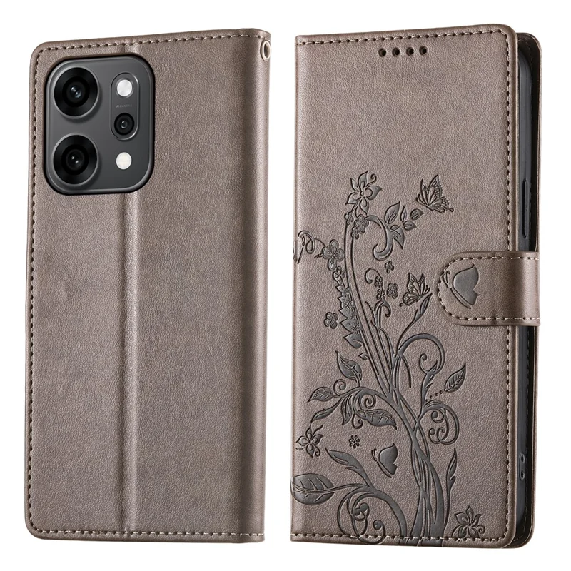 Per Oppo Reno14 Pro 5G (Globale) Custodia Portafoglio Farfalla Stampa Floreale Pelle PU Cover Telefono con Cinturino da Polso - Grigio