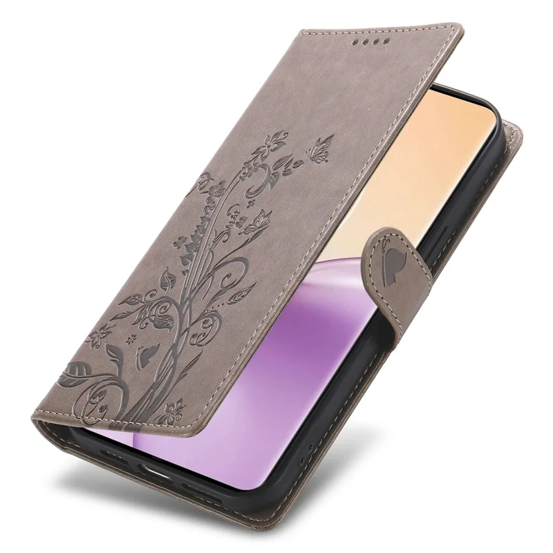 Per Oppo Reno14 Pro 5G (Globale) Custodia Portafoglio Farfalla Stampa Floreale Pelle PU Cover Telefono con Cinturino da Polso - Grigio