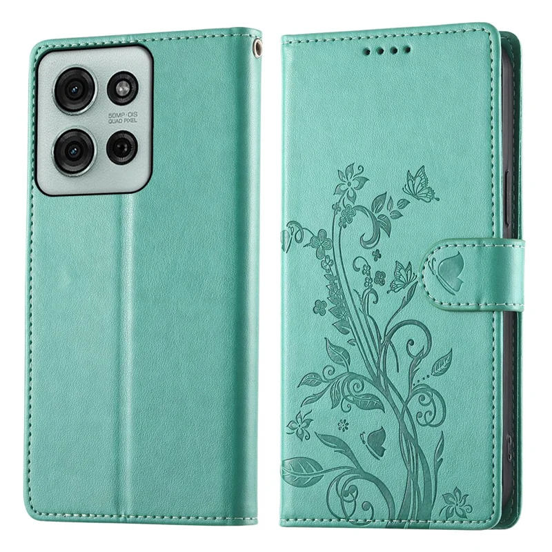 For Motorola Moto G75 5G Wallet Case Butterfly Floral Imprint PU Leather Phone Cover with Wrist Strap - Green