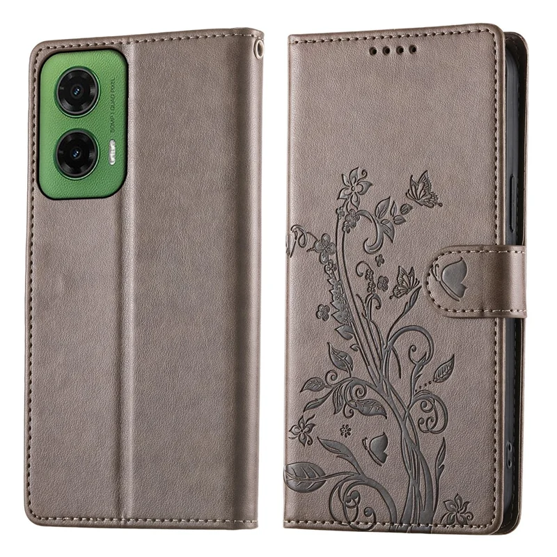 For Motorola Moto G35 5G Wallet Case Butterfly Floral Imprint PU Leather Phone Cover with Wrist Strap - Grey