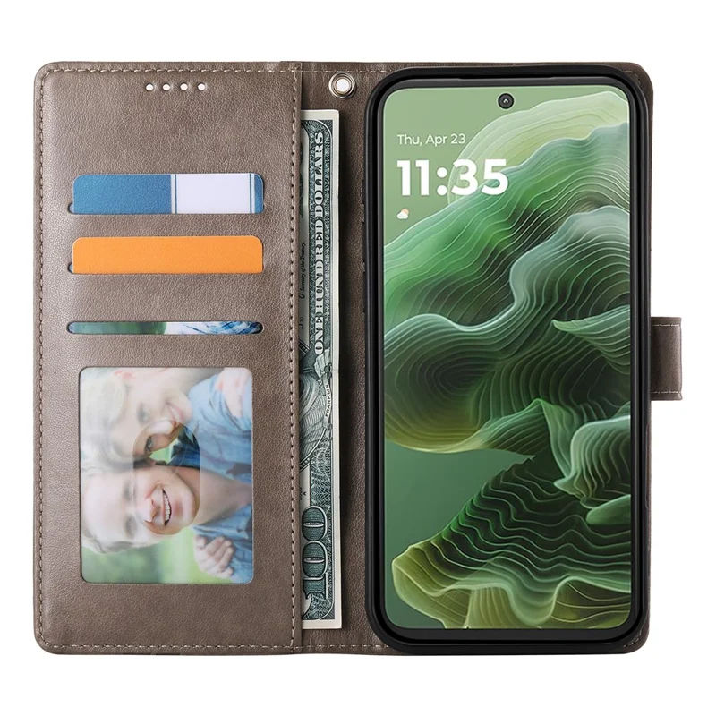For Motorola Moto G35 5G Wallet Case Butterfly Floral Imprint PU Leather Phone Cover with Wrist Strap - Grey