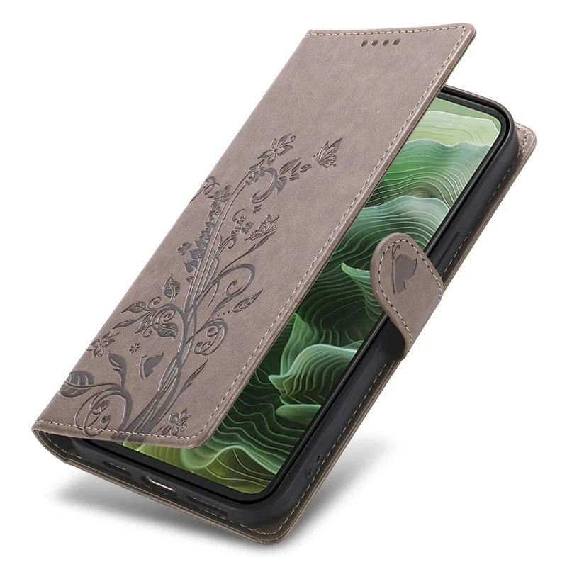 For Motorola Moto G35 5G Wallet Case Butterfly Floral Imprint PU Leather Phone Cover with Wrist Strap - Grey