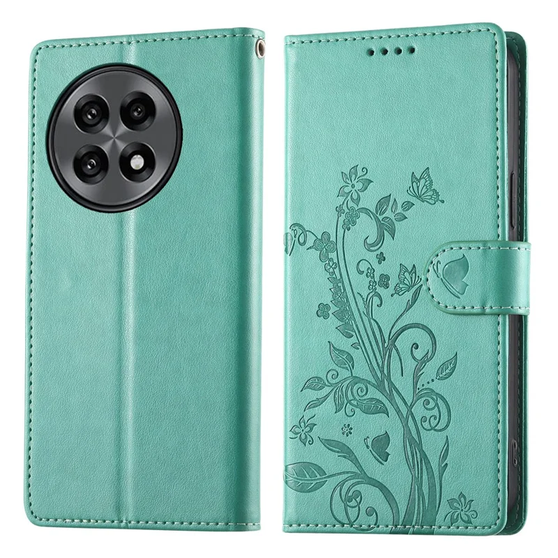 Capa de carteira para OnePlus 13R 5G com estampa de borboleta e floral, em couro sintético (PU) com alça de pulso - Verde