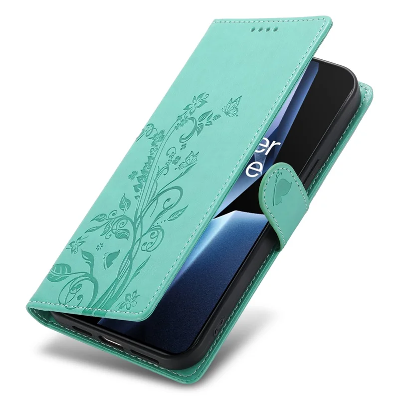 Capa de carteira para OnePlus 13R 5G com estampa de borboleta e floral, em couro sintético (PU) com alça de pulso - Verde