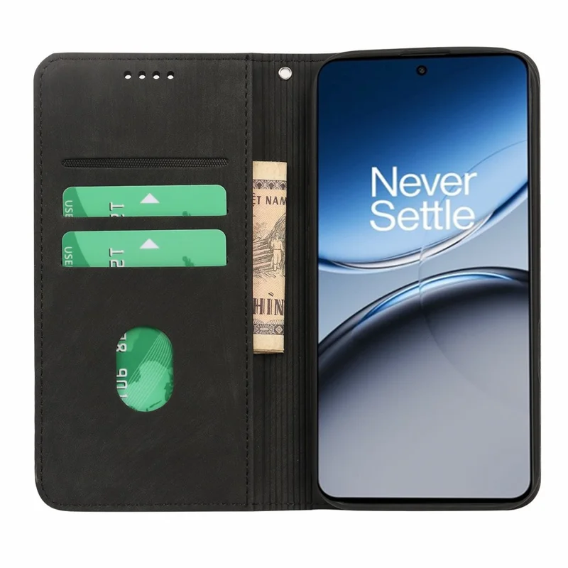 For OnePlus Nord 4 Case Strong Magnetic Leather Wallet Phone Cover with Striped Texture - Black