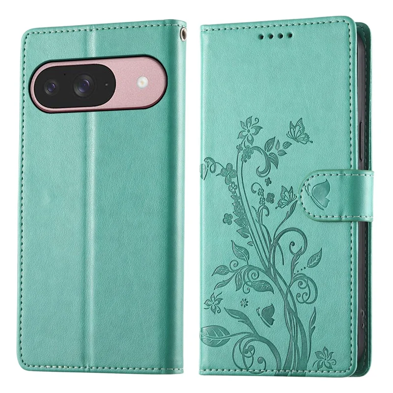 For Google Pixel 9 Pro  /  Pixel 9 Wallet Case Butterfly Floral Imprint PU Leather Phone Cover with Wrist Strap - Green