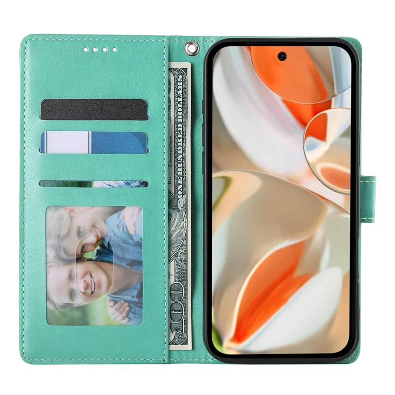 For Google Pixel 9 Pro  /  Pixel 9 Wallet Case Butterfly Floral Imprint PU Leather Phone Cover with Wrist Strap - Green