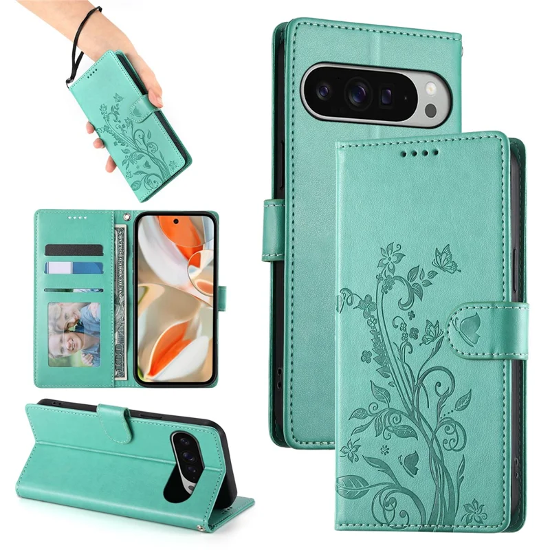 Étui portefeuille Pour Google Pixel 9 Pro XL Impression florale papillon Cuir PU Étui de téléphone avec dragonne - Vert