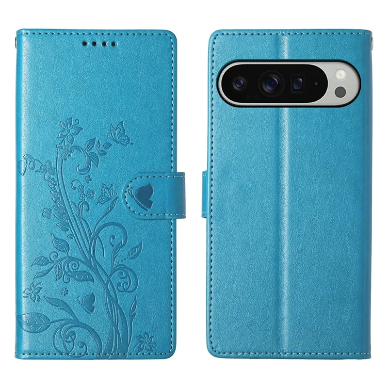 For Google Pixel 9 Pro XL Wallet Case Butterfly Floral Imprint PU Leather Phone Cover with Wrist Strap - Blue