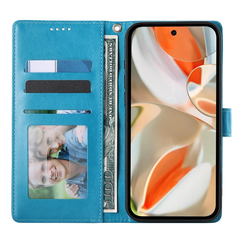 For Google Pixel 9 Pro XL Wallet Case Butterfly Floral Imprint PU Leather Phone Cover with Wrist Strap - Blue