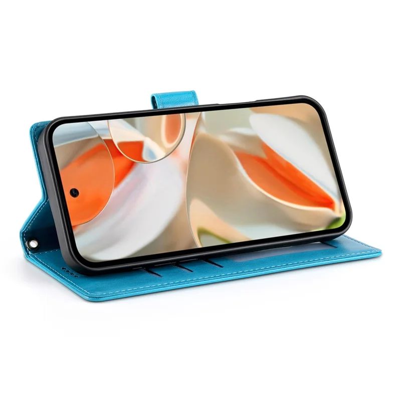 For Google Pixel 9 Pro XL Wallet Case Butterfly Floral Imprint PU Leather Phone Cover with Wrist Strap - Blue