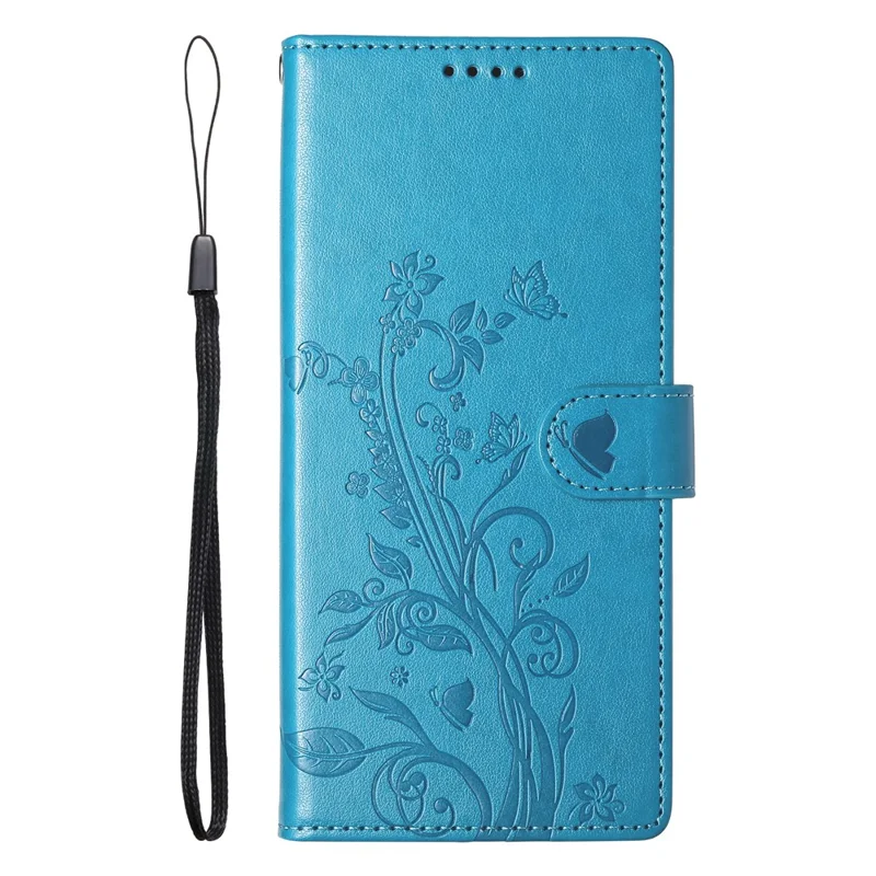 For Google Pixel 9 Pro XL Wallet Case Butterfly Floral Imprint PU Leather Phone Cover with Wrist Strap - Blue