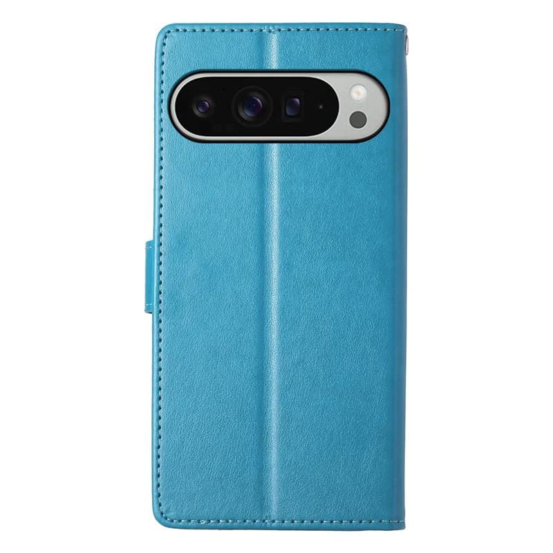 For Google Pixel 9 Pro XL Wallet Case Butterfly Floral Imprint PU Leather Phone Cover with Wrist Strap - Blue