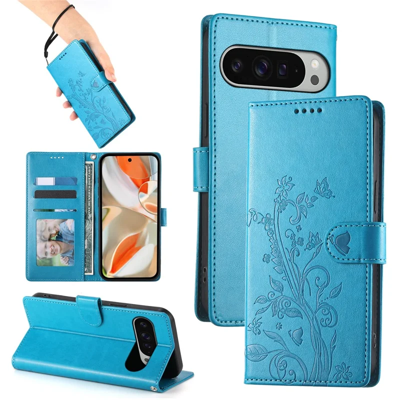 For Google Pixel 9 Pro XL Wallet Case Butterfly Floral Imprint PU Leather Phone Cover with Wrist Strap - Blue