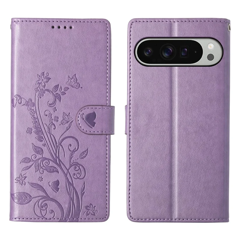 For Google Pixel 9 Pro XL Wallet Case Butterfly Floral Imprint PU Leather Phone Cover with Wrist Strap - Purple