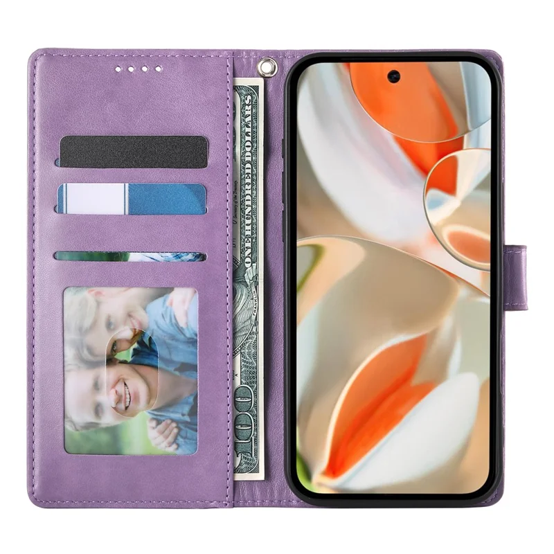 For Google Pixel 9 Pro XL Wallet Case Butterfly Floral Imprint PU Leather Phone Cover with Wrist Strap - Purple