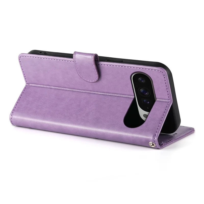 For Google Pixel 9 Pro XL Wallet Case Butterfly Floral Imprint PU Leather Phone Cover with Wrist Strap - Purple