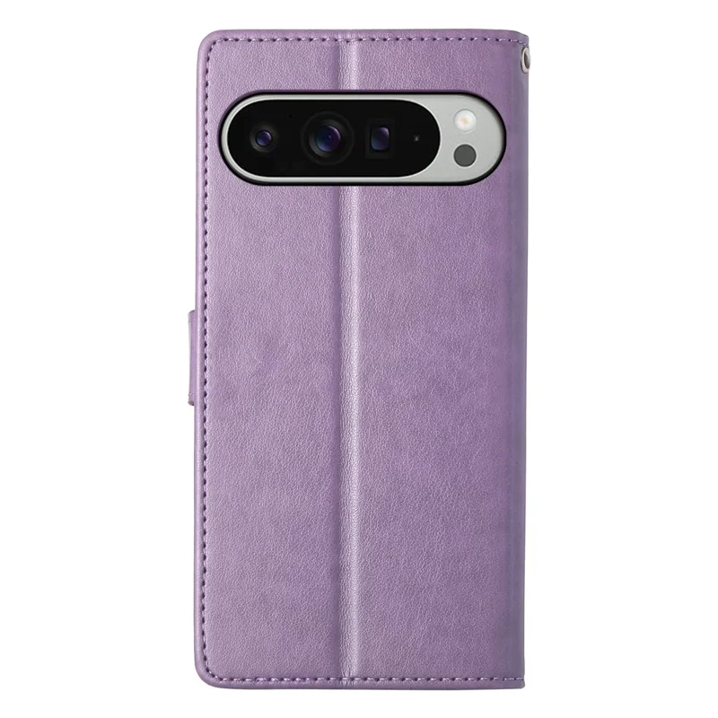 For Google Pixel 9 Pro XL Wallet Case Butterfly Floral Imprint PU Leather Phone Cover with Wrist Strap - Purple