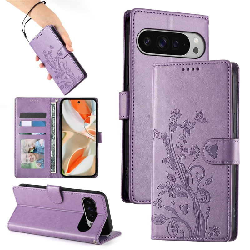 For Google Pixel 9 Pro XL Wallet Case Butterfly Floral Imprint PU Leather Phone Cover with Wrist Strap - Purple