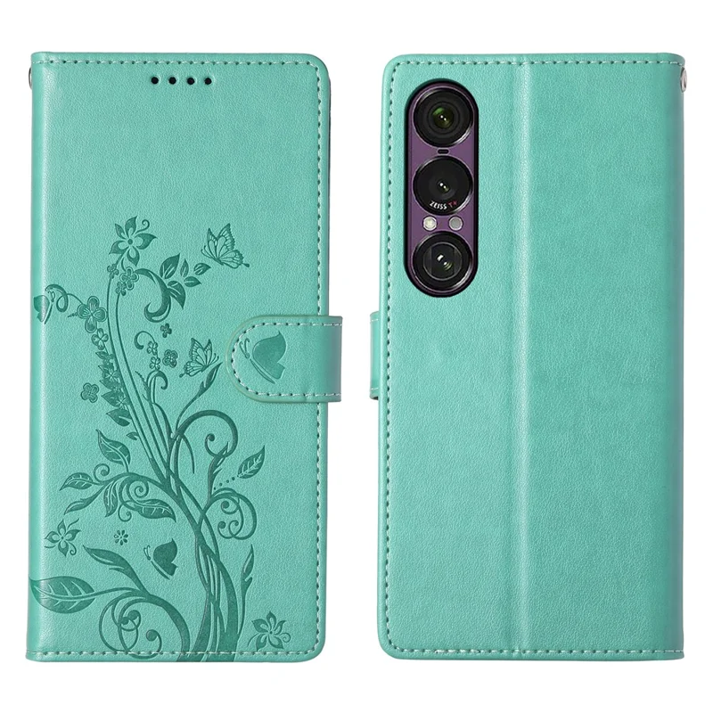 Capa Carteira para Sony Xperia 1 VII com Borboletas Florais em Couro PU com Alça de Pulso - Verde