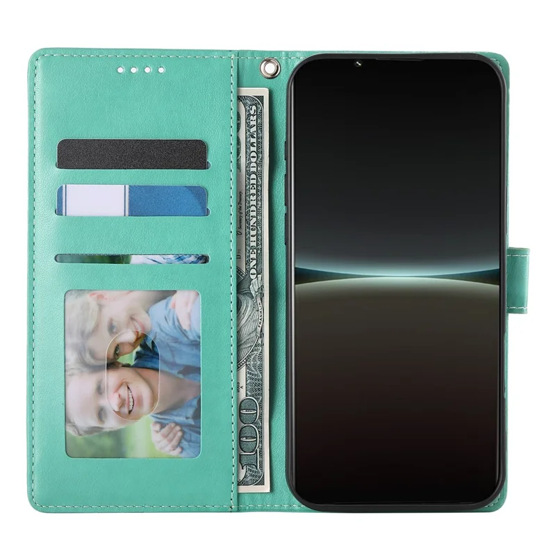Capa Carteira para Sony Xperia 1 VII com Borboletas Florais em Couro PU com Alça de Pulso - Verde