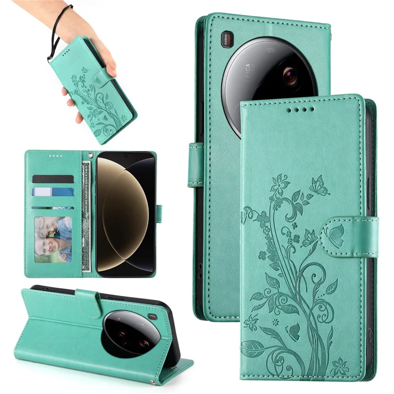 Capa Carteira Xiaomi 15 Ultra com Estampa de Borboleta Floral em Couro PU com Alça de Pulso - Verde