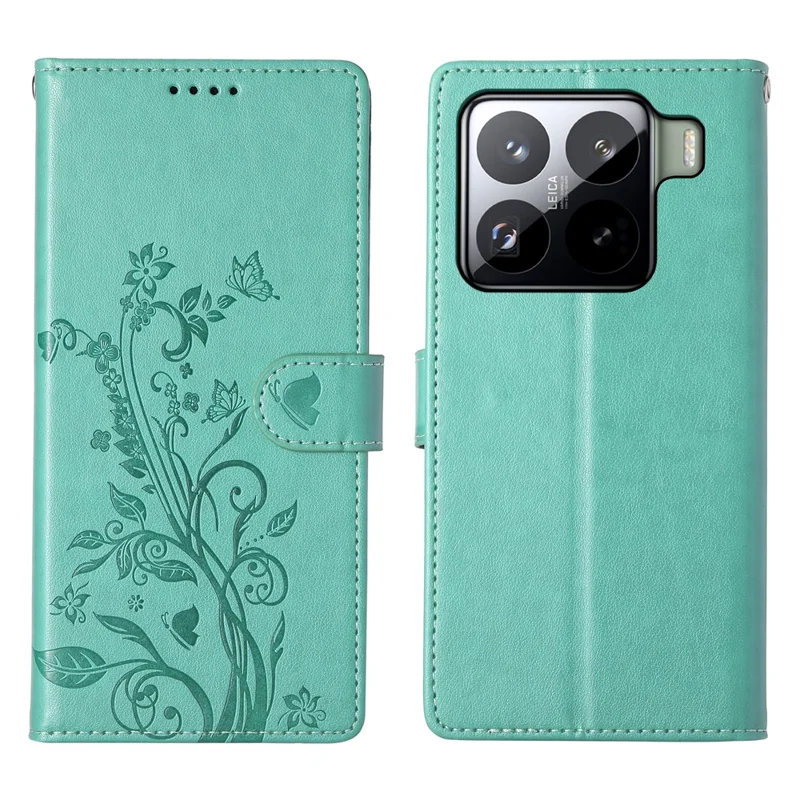 Per Xiaomi 15 Pro Cover a Portafoglio con Farfalle e Stampa Floreale in Pelle PU con Cinturino da Polso - Verde