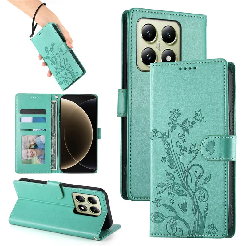 Étui portefeuille pour Xiaomi 14T avec motif papillon floral en cuir PU, avec dragonne - Vert