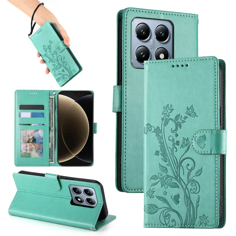 Capa de Carteira para Xiaomi 14T Pro com Estampa de Borboleta Floral em Couro PU com Alça de Pulso - Verde
