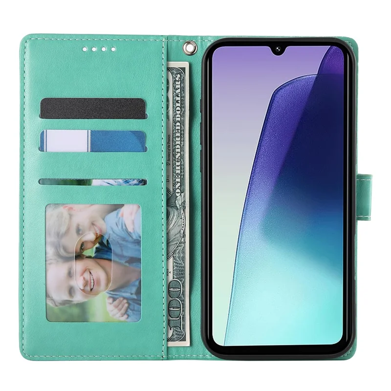 Custodia a Portafoglio per Xiaomi Poco C75 4G / Redmi 14R 5G / 14C 4G con Farfalla Floreale Stampata in Pelle PU con Cinturino da Polso - Verde
