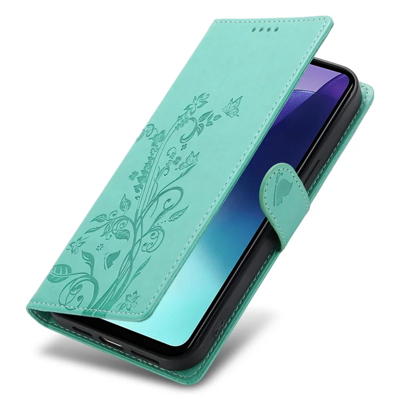 Custodia a Portafoglio per Xiaomi Poco C75 4G / Redmi 14R 5G / 14C 4G con Farfalla Floreale Stampata in Pelle PU con Cinturino da Polso - Verde
