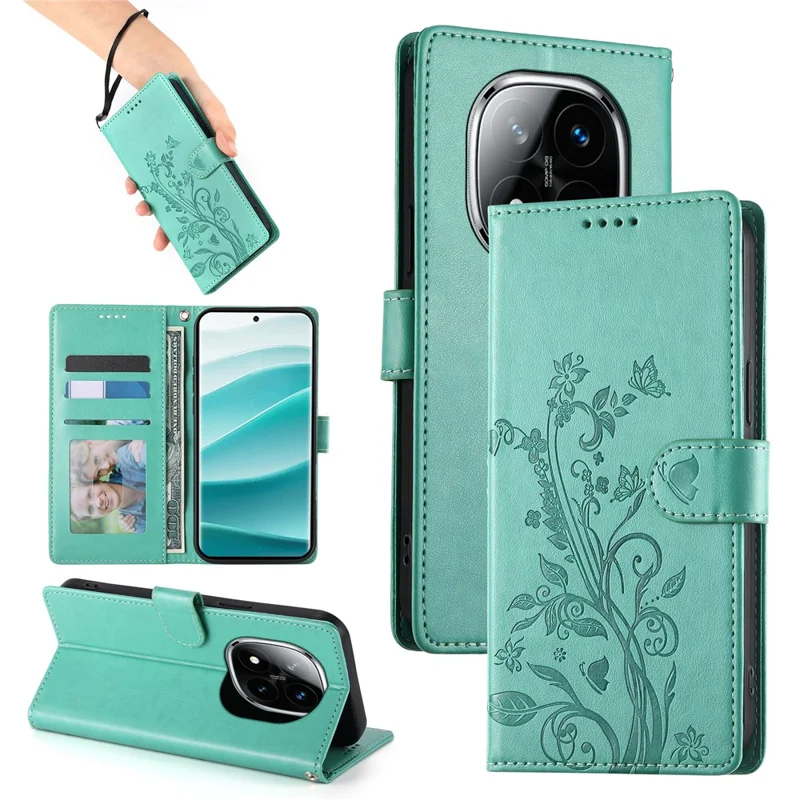 Para Xiaomi Redmi Note 14 Pro+ 5G Capa Carteira com Estampa de Borboleta Floral em Couro PU com Alça de Pulso - Verde