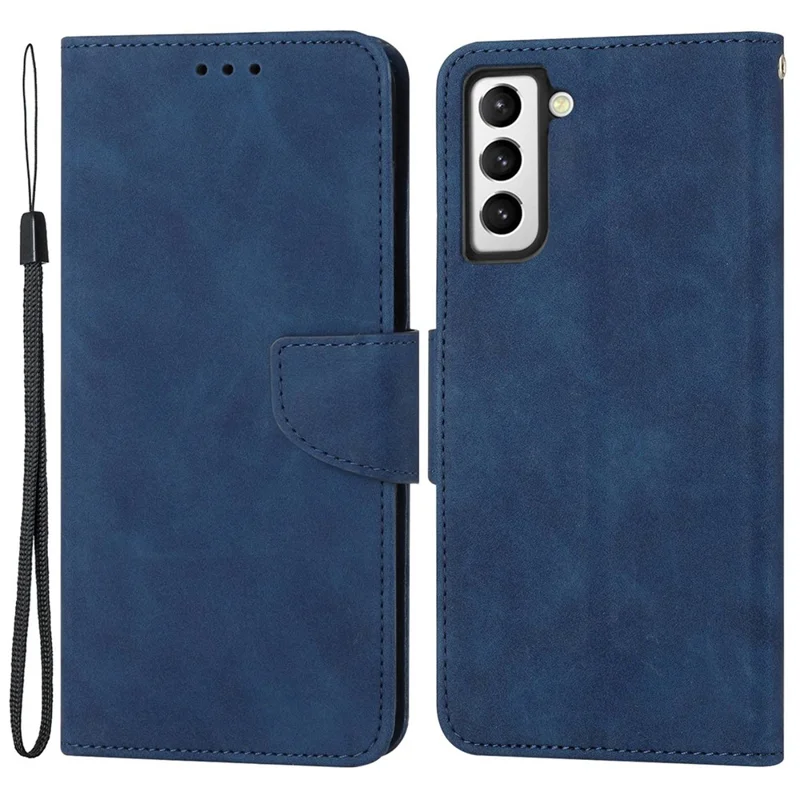 For Samsung Galaxy S23 PU Leather Magnetic Flip Phone Case Stand Function Solid Color Wallet Cover with Strap - Blue