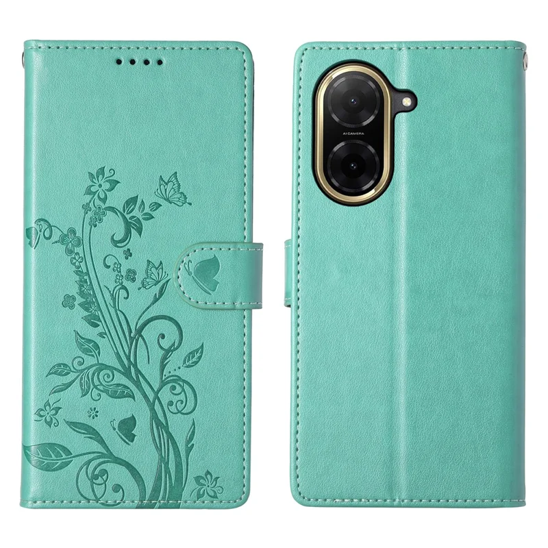 For Xiaomi Redmi A5 4G (171.7mm) / Poco C71 4G Wallet Case Butterfly Floral Imprint PU Leather Phone Cover with Wrist Strap - Green