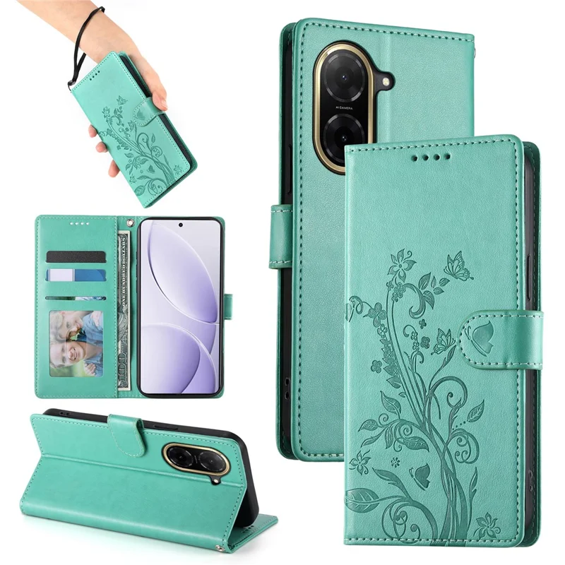 For Xiaomi Redmi A5 4G (171.7mm) / Poco C71 4G Wallet Case Butterfly Floral Imprint PU Leather Phone Cover with Wrist Strap - Green
