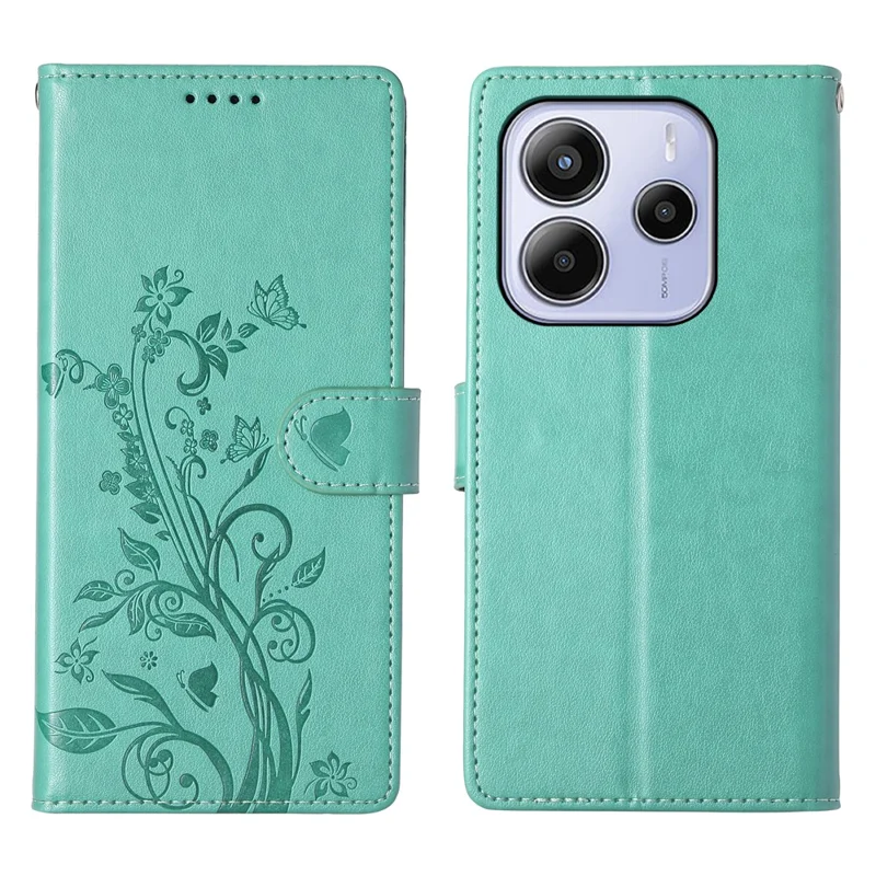 For Xiaomi Redmi Note 14 5G Wallet Case Butterfly Floral Imprint PU Leather Phone Cover with Wrist Strap - Green