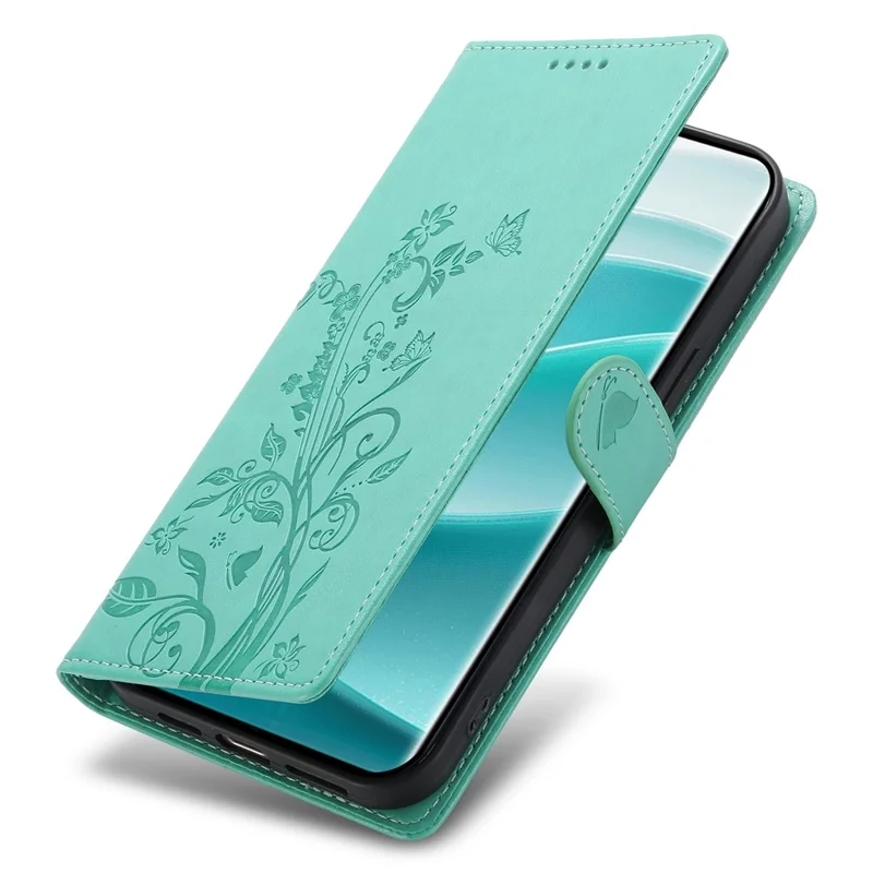 For Xiaomi Redmi Note 14 5G Wallet Case Butterfly Floral Imprint PU Leather Phone Cover with Wrist Strap - Green