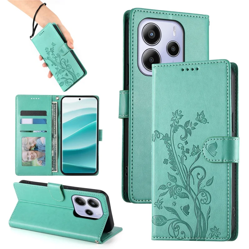 For Xiaomi Redmi Note 14 5G Wallet Case Butterfly Floral Imprint PU Leather Phone Cover with Wrist Strap - Green