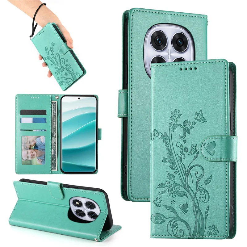 For Xiaomi Redmi Note 14 Pro 4G Wallet Case Butterfly Floral Imprint PU Leather Phone Cover with Wrist Strap - Green