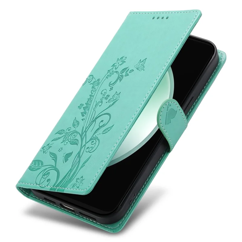 Funda tipo cartera para Samsung Galaxy S25 FE con diseño de mariposa floral, cubierta de teléfono de cuero PU con correa de muñeca - Verde
