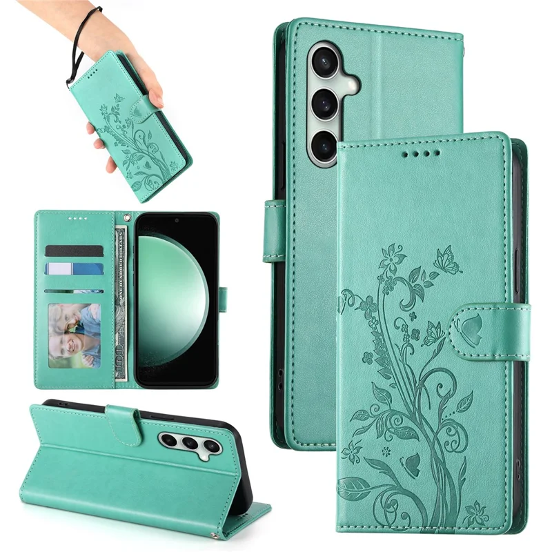 Funda tipo cartera para Samsung Galaxy S25 FE con diseño de mariposa floral, cubierta de teléfono de cuero PU con correa de muñeca - Verde
