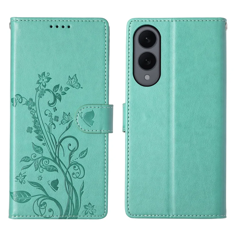 For Samsung Galaxy S25 Edge Wallet Case Butterfly Floral Imprint PU Leather Phone Cover with Wrist Strap - Green