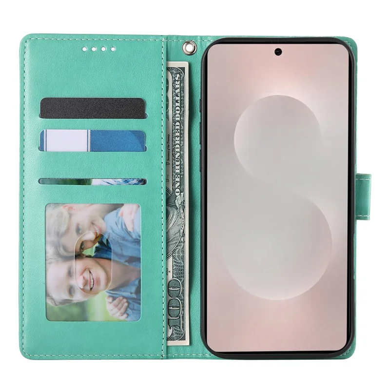 For Samsung Galaxy S25 Edge Wallet Case Butterfly Floral Imprint PU Leather Phone Cover with Wrist Strap - Green