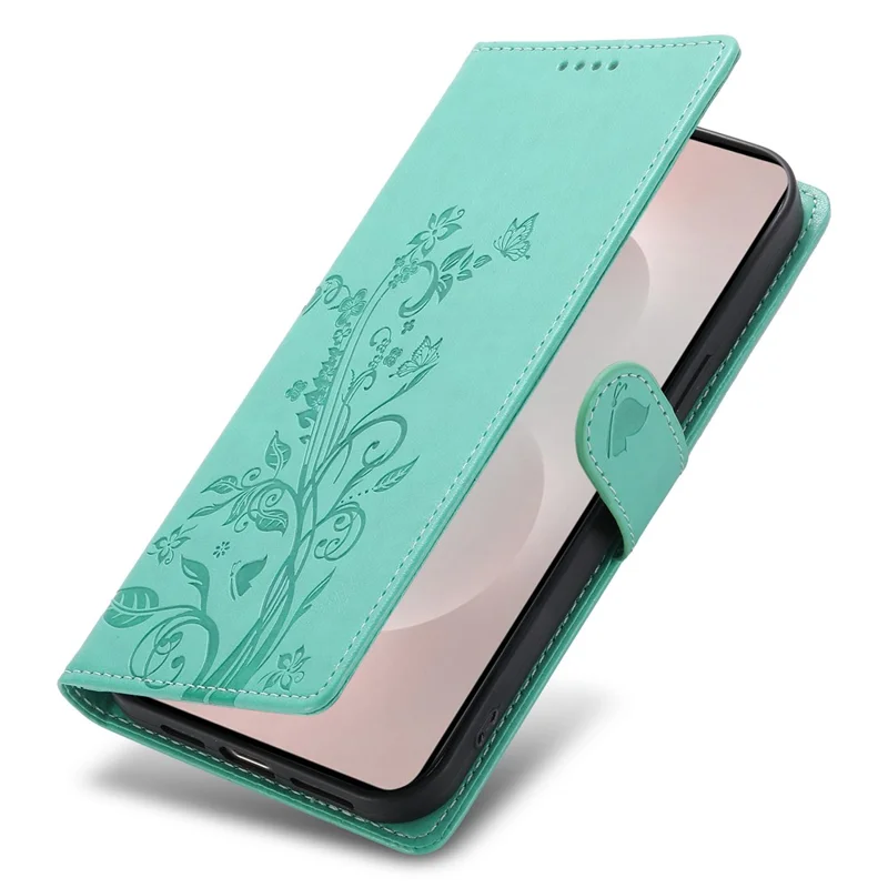 For Samsung Galaxy S25 Edge Wallet Case Butterfly Floral Imprint PU Leather Phone Cover with Wrist Strap - Green