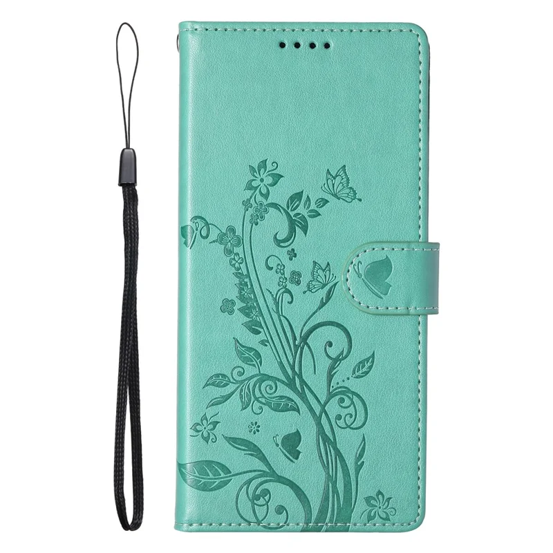 For Samsung Galaxy S25 Edge Wallet Case Butterfly Floral Imprint PU Leather Phone Cover with Wrist Strap - Green