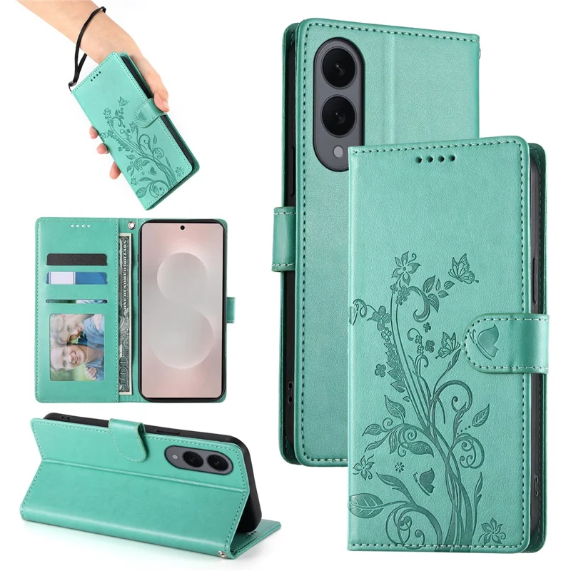 For Samsung Galaxy S25 Edge Wallet Case Butterfly Floral Imprint PU Leather Phone Cover with Wrist Strap - Green